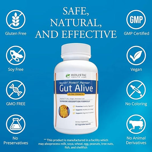 Holistic Health Labs Gut Alive – Natural Digestive Support for IBS, Acid Reflux, Bloating & Gut Health (60 Count)