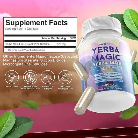 Yerba Mate Capsules, Yerba Magic, Pure Extract, 75mg Caffeine, 60 Count