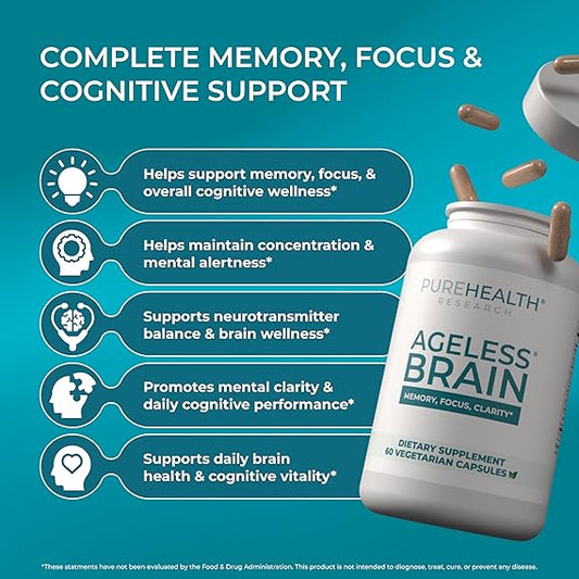 PUREHEALTH RESEARCH Ageless Brain Supplements for Memory and Focus (60 Capsules)