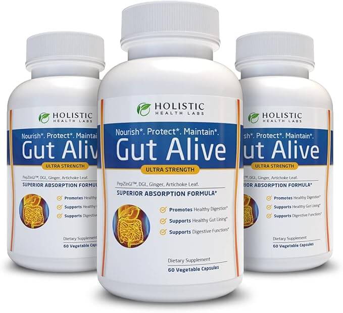 Gut Alive digestive support supplement by Holistic Health Labs with PepZinGI, DGL, Ginger, Artichoke for gut health.