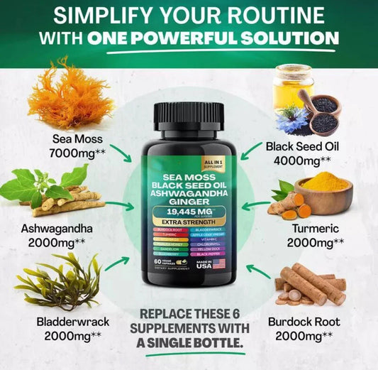 Sea Moss, Black Seed Oil, Ashwagandha, Turmeric, Ginger (16 in 1 Multivitamin)