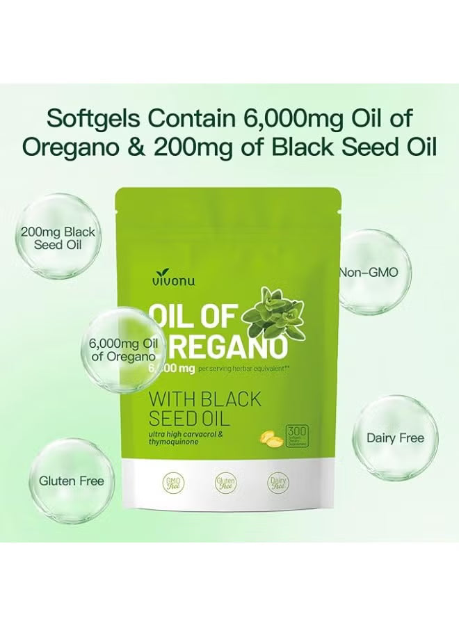 VIVONU Oil of Oregano with Black Seed Oil – Organic Softgels with Carvacrol & Thymoquinone – Digestive, Immune & Wellness Support – 300 Capsules