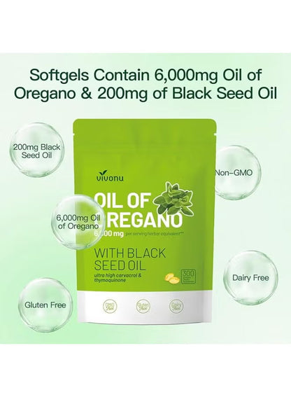VIVONU Oil of Oregano with Black Seed Oil – Organic Softgels with Carvacrol & Thymoquinone – Digestive, Immune & Wellness Support – 300 Capsules