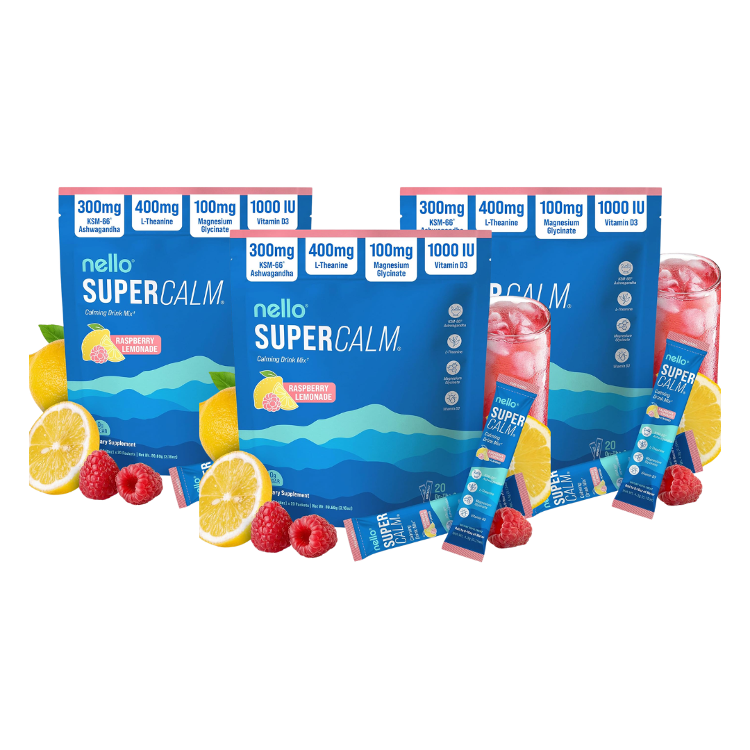 Nello Supercalm Powdered Drink Mix, Cortisol Reducer and Sleep Aid Supplement, L Theanine, Ksm-66 Ashwagandha, Magnesium Glycinate, Vitamin D 3, No Sugar, Non GMO, On The Go, 20 Ct, Raspberry Lemonade