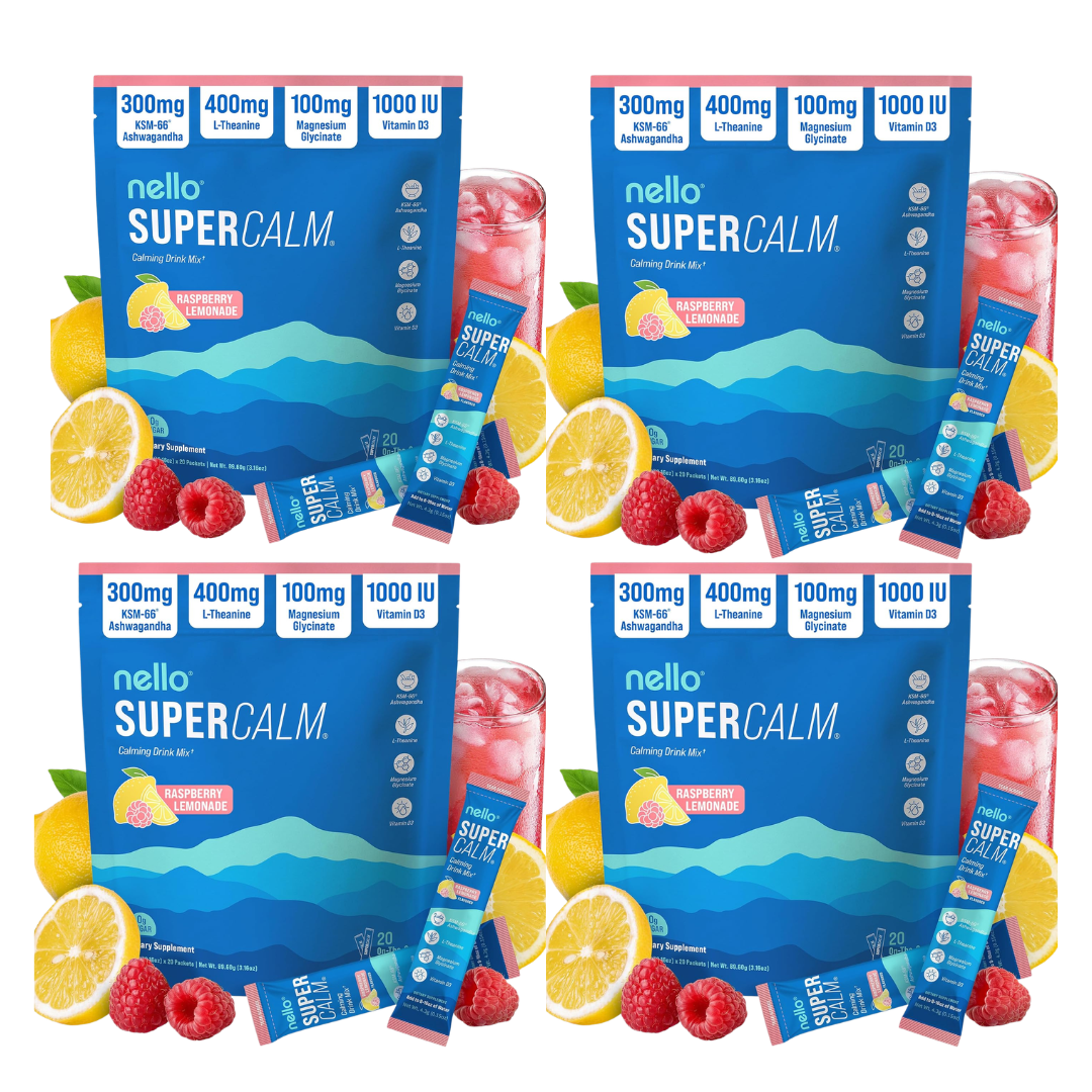 Nello Supercalm Powdered Drink Mix, Cortisol Reducer and Sleep Aid Supplement, L Theanine, Ksm-66 Ashwagandha, Magnesium Glycinate, Vitamin D 3, No Sugar, Non GMO, On The Go, 20 Ct, Raspberry Lemonade