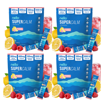Nello Supercalm Powdered Drink Mix, Cortisol Reducer and Sleep Aid Supplement, L Theanine, Ksm-66 Ashwagandha, Magnesium Glycinate, Vitamin D 3, No Sugar, Non GMO, On The Go, 20 Ct, Raspberry Lemonade