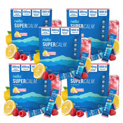 Nello Supercalm Powdered Drink Mix, Cortisol Reducer and Sleep Aid Supplement, L Theanine, Ksm-66 Ashwagandha, Magnesium Glycinate, Vitamin D 3, No Sugar, Non GMO, On The Go, 20 Ct, Raspberry Lemonade