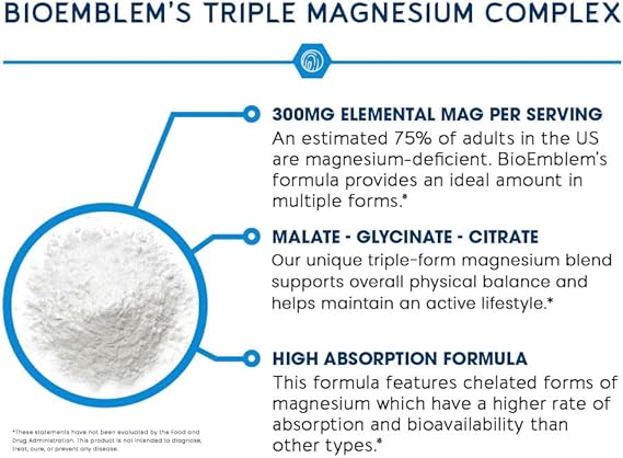 BioEmblem Triple Magnesium Complex – High Absorption Magnesium Glycinate, Malate &amp; Citrate Supplement