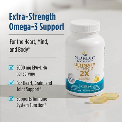 Nordic Naturals Ultimate Omega 2X, Lemon Flavor - 180 Soft Gels - 2150 mg Omega-3 - High-Potency Fish Oil with EPA & DHA - Promotes Brain & Heart Health - Non-GMO - 90 Servings