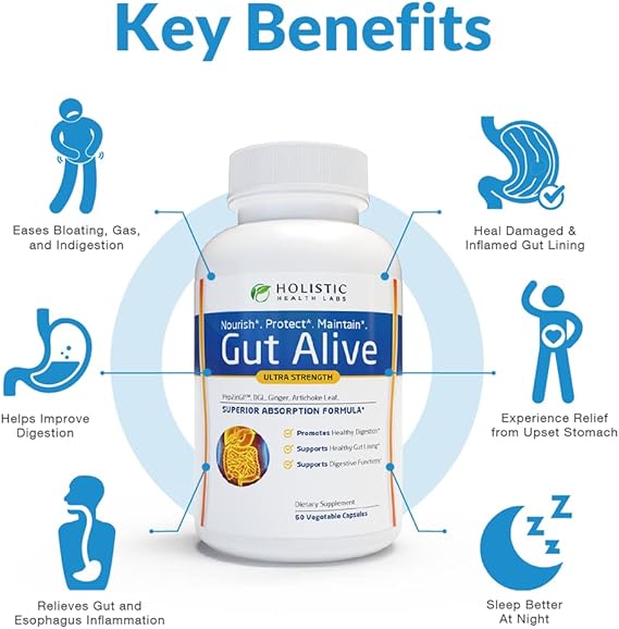 Holistic Health Labs Gut Alive – Natural Digestive Support for IBS, Acid Reflux, Bloating &amp; Gut Health (60 Count)