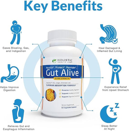 Holistic Health Labs Gut Alive – Natural Digestive Support for IBS, Acid Reflux, Bloating &amp; Gut Health (60 Count)