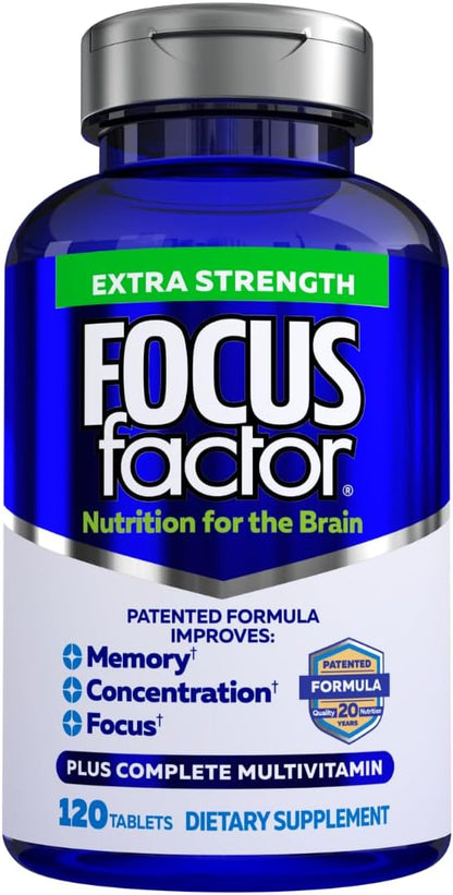 Focus Factor Adults Extra Strength, 120 Count - Brain Supplement for Memory, Concentration and Focus - Complete Multivitamin with DMAE, Vitamin D, DHA - Trusted Health Vitamins