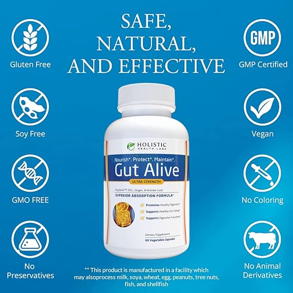 Holistic Health Labs Gut Alive – Natural Digestive Support for IBS, Acid Reflux, Bloating &amp; Gut Health (60 Count)