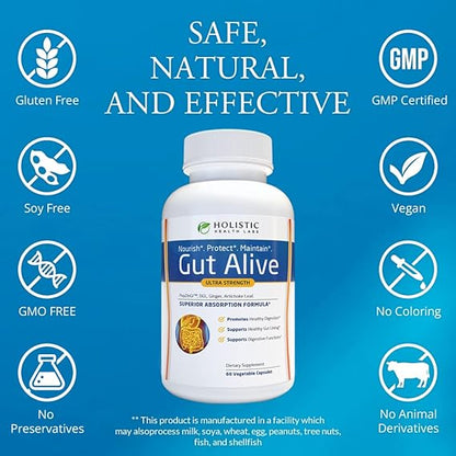 Holistic Health Labs Gut Alive – Natural Digestive Support for IBS, Acid Reflux, Bloating &amp; Gut Health (60 Count)