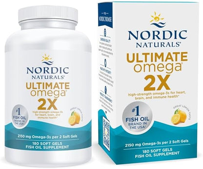 Nordic Naturals Ultimate Omega 2X, Lemon Flavor - 180 Soft Gels - 2150 mg Omega-3 - High-Potency Fish Oil with EPA & DHA - Promotes Brain & Heart Health - Non-GMO - 90 Servings