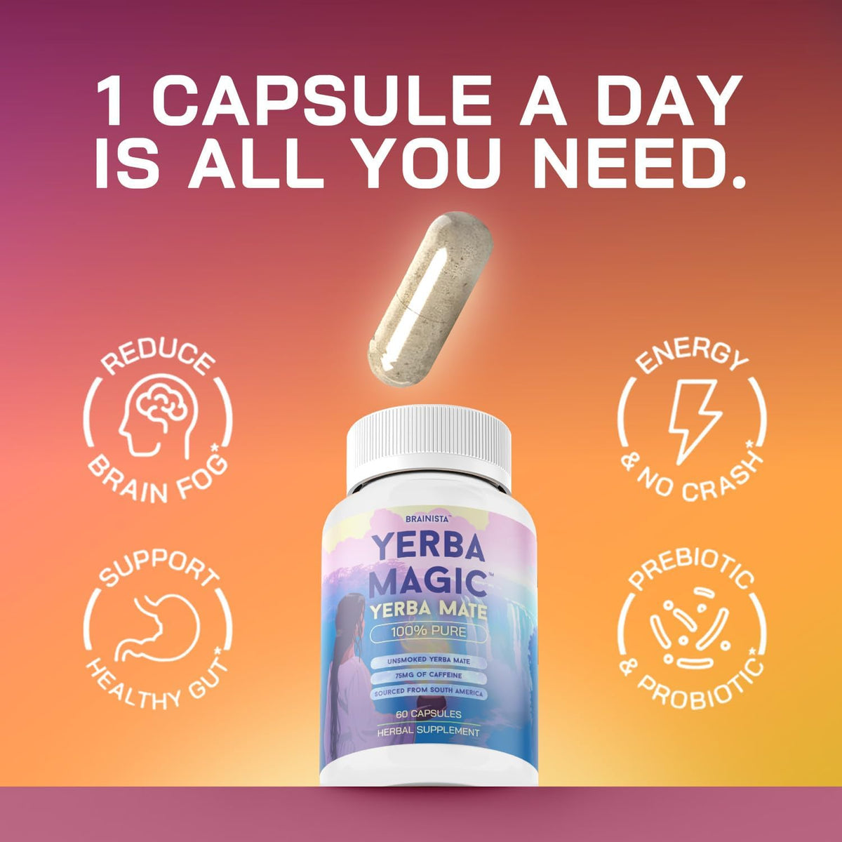 Yerba Magic Yerba Mate Capsules – Pure Extract – 75mg Caffeine – 60 Count