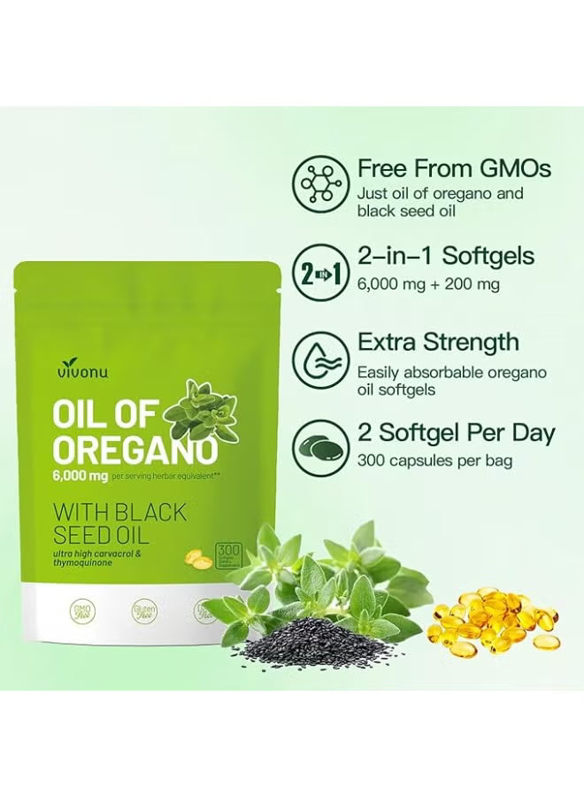 VIVONU Oil of Oregano with Black Seed Oil – Organic Softgels with Carvacrol & Thymoquinone – Digestive, Immune & Wellness Support – 300 Capsules