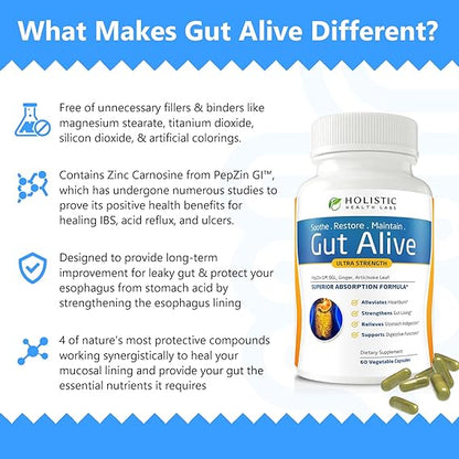 Holistic Health Labs Gut Alive – Natural Digestive Support for IBS, Acid Reflux, Bloating &amp; Gut Health (60 Count)