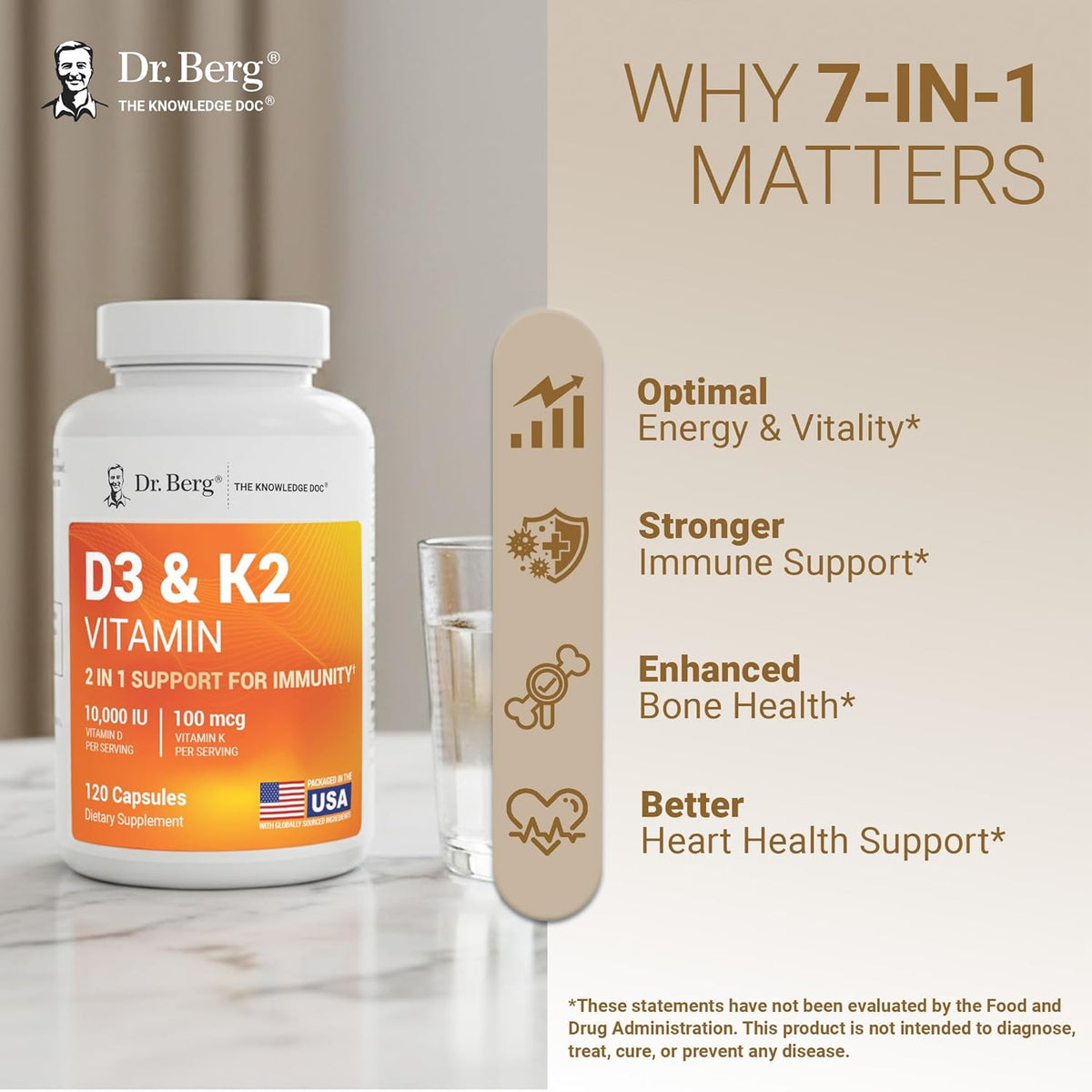 Dr. Berg Maximum Strength 2-in-1 Vitamin D3 K2 (10,000 IU) – High Absorption Formula for Bone, Heart &amp; Immune Support (120 Capsules)