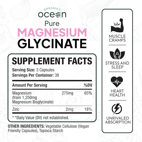 Organics Ocean Pure Magnesium Glycinate with Zinc – Maximum Strength Chelated Support for Sleep, Muscles &amp; Relaxation