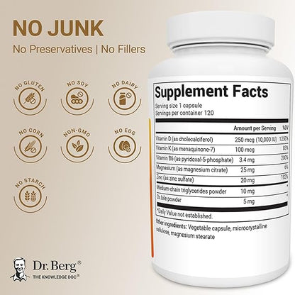 Dr. Berg Maximum Strength 2-in-1 Vitamin D3 K2 (10,000 IU) – High Absorption Formula for Bone, Heart &amp; Immune Support (120 Capsules)