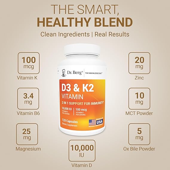 Dr. Berg Maximum Strength 2-in-1 Vitamin D3 K2 (10,000 IU) – High Absorption Formula for Bone, Heart &amp; Immune Support (120 Capsules)