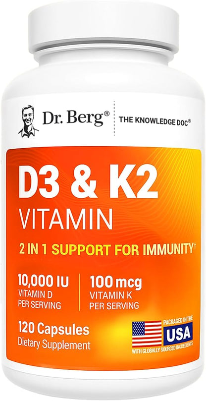 Dr. Berg Maximum Strength 2-in-1 Vitamin D3 K2 (10,000 IU) – High Absorption Formula for Bone, Heart &amp; Immune Support (120 Capsules)