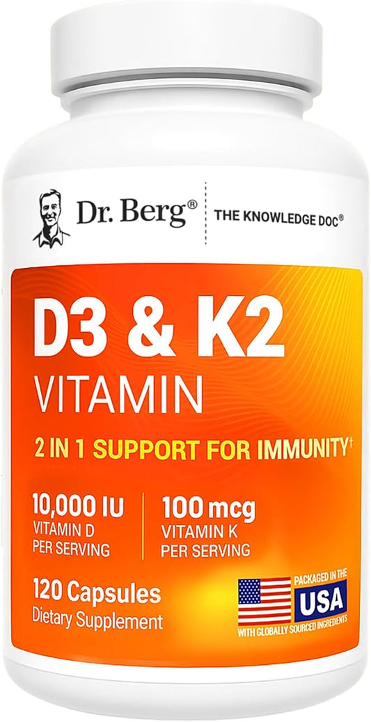 Dr. Berg Maximum Strength 2-in-1 Vitamin D3 K2 (10,000 IU) – High Absorption Formula for Bone, Heart &amp; Immune Support (120 Capsules)