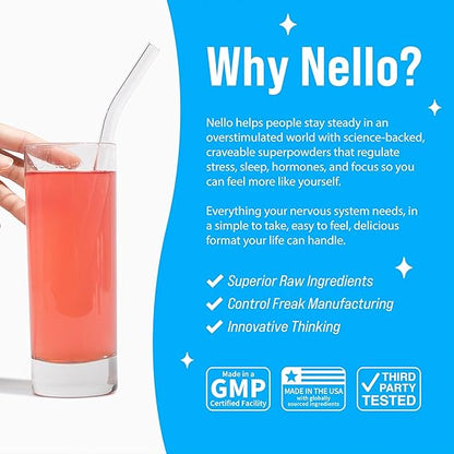 Nello Supercalm Powdered Drink Mix, Cortisol Reducer and Sleep Aid Supplement, L Theanine, Ksm-66 Ashwagandha, Magnesium Glycinate, Vitamin D 3, No Sugar, Non GMO, On The Go, 20 Ct, Raspberry Lemonade