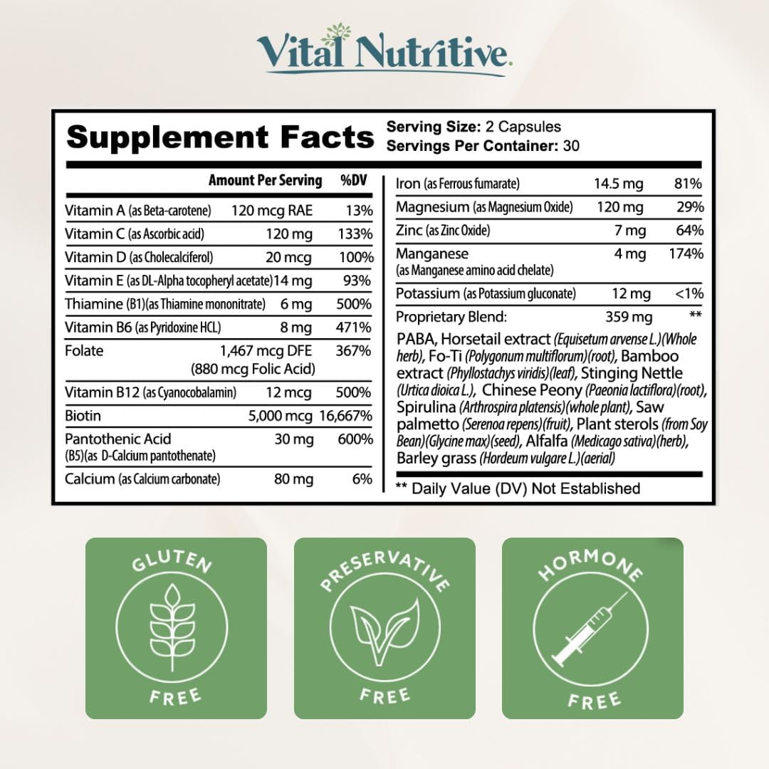 VITAL NUTRITIVE Vital Hair Complex – Biotin & Vitamin B Support for Healthy Hair, Skin & Nails (Men & Women)