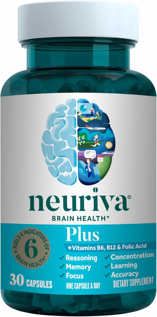 NEURIVA Plus Brain Supplement for Memory, Focus & Concentration + Cognitive Function with Clinically Tested Nootropics Phosphatidylserine and Neurofactor, Vitamins B6 & B12, 30 Count Capsules