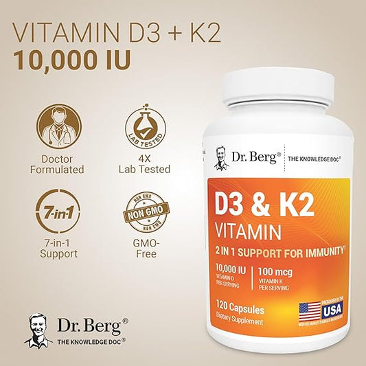 Dr. Berg Maximum Strength 2-in-1 Vitamin D3 K2 (10,000 IU) – High Absorption Formula for Bone, Heart &amp; Immune Support (120 Capsules)