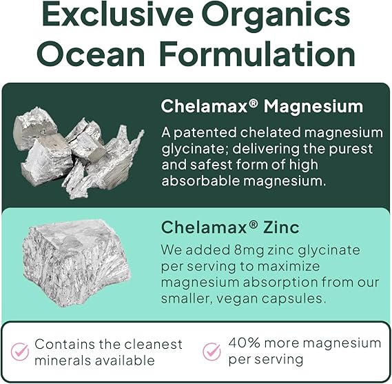 Organics Ocean Pure Magnesium Glycinate with Zinc – Maximum Strength Chelated Support for Sleep, Muscles &amp; Relaxation