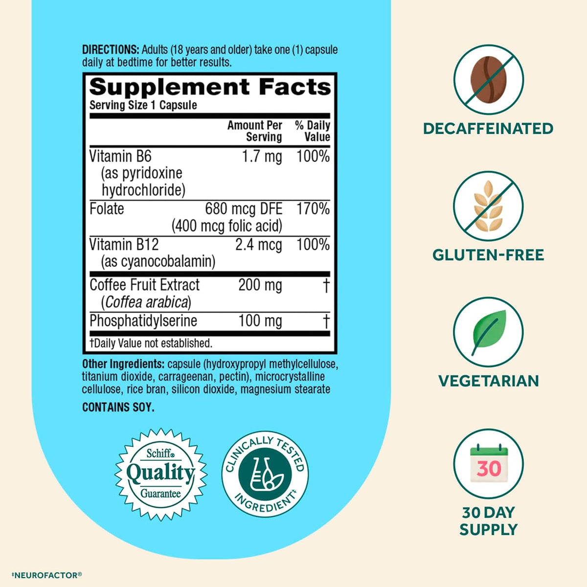 NEURIVA Plus Brain Supplement for Memory, Focus & Concentration + Cognitive Function with Clinically Tested Nootropics Phosphatidylserine and Neurofactor, Vitamins B6 & B12, 30 Count Capsules