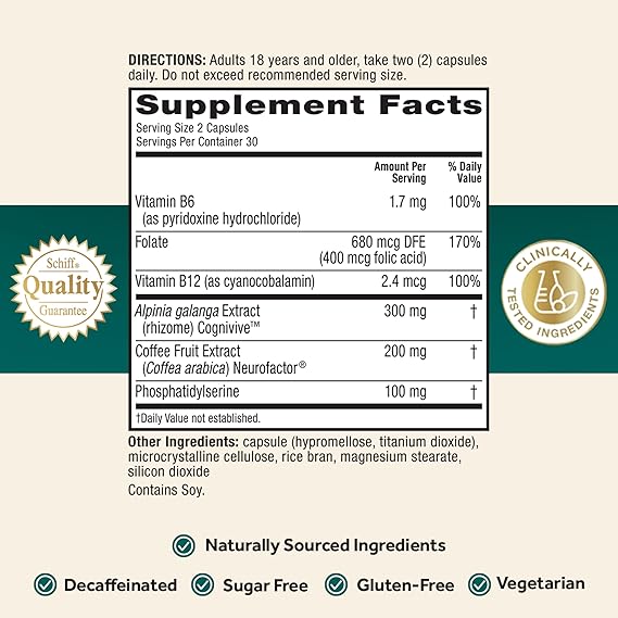 NEURIVA Ultra Decaffeinated Clinically Tested Nootropic Brain Supplement for Mental Alertness, Memory, Focus & Concentration, Cognivive, Neurofactor, Phosphatidylserine, Vitamins B6 B12, 60 Capsules