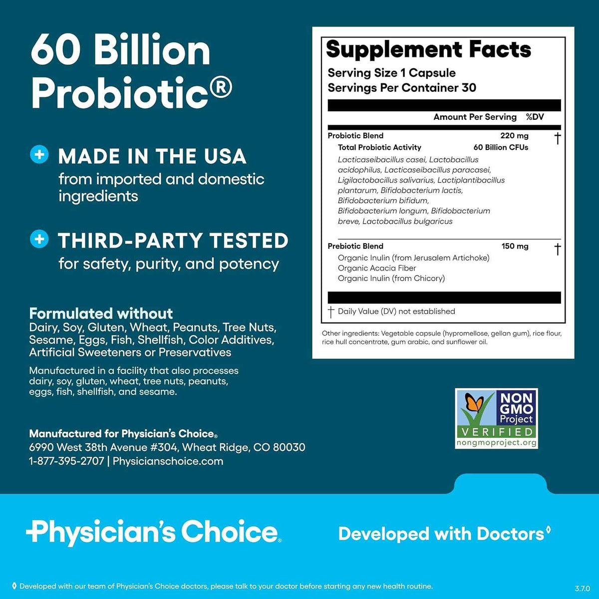 Physician's CHOICE Probiotics 60 Billion CFU - 10 Strains + Organic Prebiotics - Immune, Digestive & Gut Health - Supports Occasional Constipation, Diarrhea, Gas & Bloating - for Women & Men - 30ct
