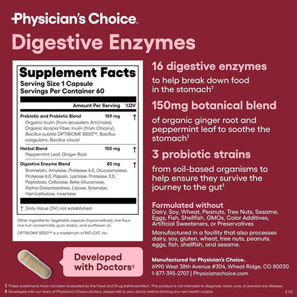 Physician's CHOICE Digestive Enzymes for Bloating & Digestion - Fast-Acting 16 Enzyme Formula with Organic Prebiotics & Probiotics for Gut & Digestive Health - Meal Time Discomfort Relief - 60 CT