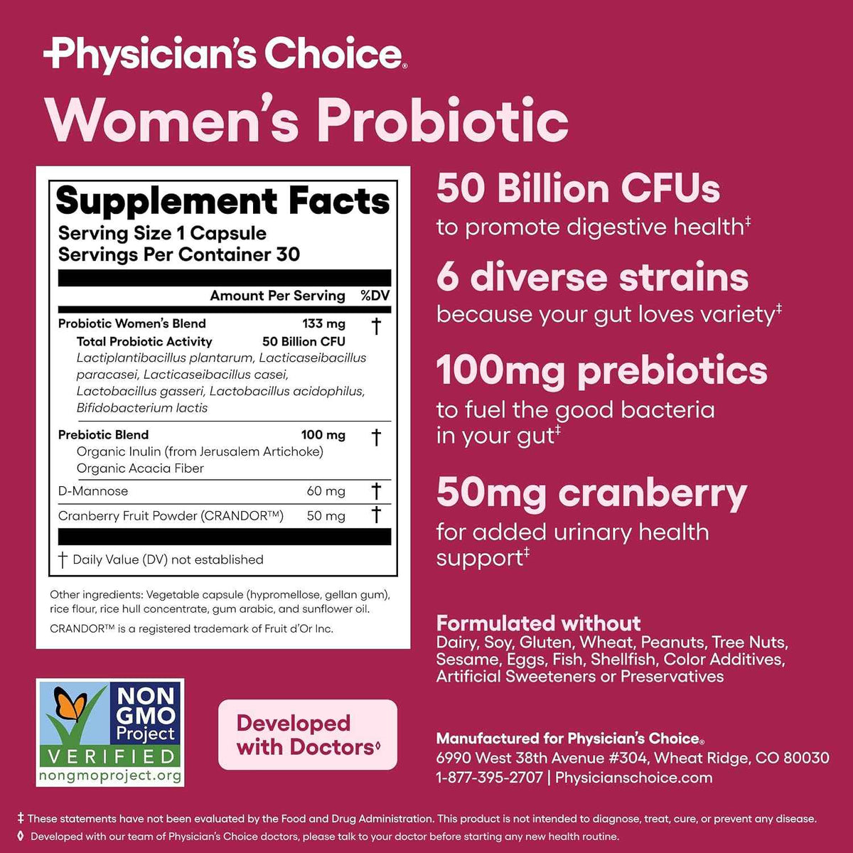 Physician's CHOICE Probiotics for Women - PH Balance, Digestive, UT, & Feminine Health - 50 Billion CFU - 6 Unique Strains for Her - Organic Prebiotics, Cranberry Extract+ - Women Probiotic - 30 CT