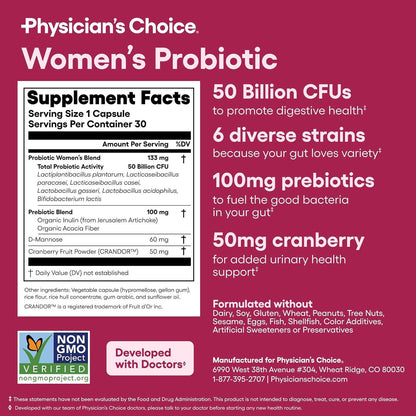 Physician's CHOICE Probiotics for Women - PH Balance, Digestive, UT, & Feminine Health - 50 Billion CFU - 6 Unique Strains for Her - Organic Prebiotics, Cranberry Extract+ - Women Probiotic - 30 CT