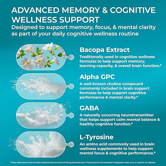 PUREHEALTH RESEARCH Ageless Brain Supplements for Memory and Focus (60 Capsules)