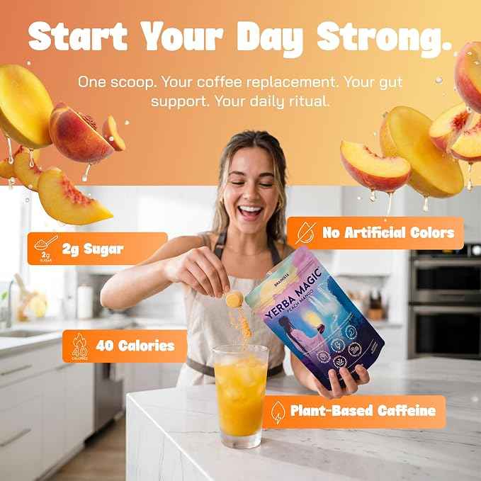Yerba Mate Energy Drinks, Yerba Magic, Gut Health, Peach Mango, 30 Servings
