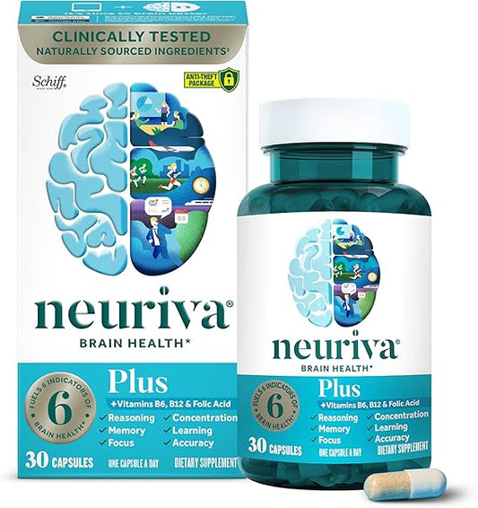 NEURIVA Plus Brain Supplement for Memory, Focus & Concentration + Cognitive Function with Clinically Tested Nootropics Phosphatidylserine and Neurofactor, Vitamins B6 & B12, 30 Count Capsules