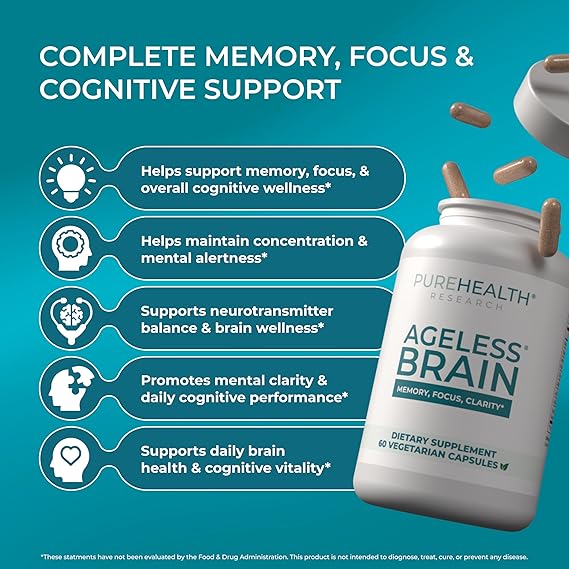 PUREHEALTH RESEARCH Ageless Brain Supplements for Memory and Focus (60 Capsules)