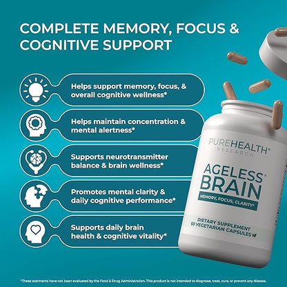 PUREHEALTH RESEARCH Ageless Brain Supplements for Memory and Focus (60 Capsules)