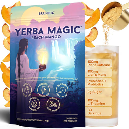 Yerba Mate Energy Drinks, Yerba Magic, Gut Health, Peach Mango, 30 Servings | 5-in-1 drink mix with yerba mate caffeine, Lion's Mane, L-Theanine,...
