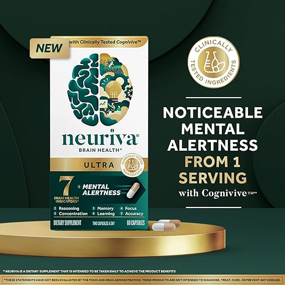 NEURIVA Ultra Decaffeinated Clinically Tested Nootropic Brain Supplement for Mental Alertness, Memory, Focus & Concentration, Cognivive, Neurofactor, Phosphatidylserine, Vitamins B6 B12, 60 Capsules