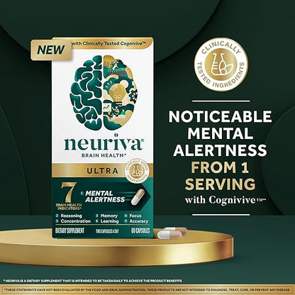 NEURIVA Ultra Decaffeinated Clinically Tested Nootropic Brain Supplement for Mental Alertness, Memory, Focus & Concentration, Cognivive, Neurofactor, Phosphatidylserine, Vitamins B6 B12, 60 Capsules