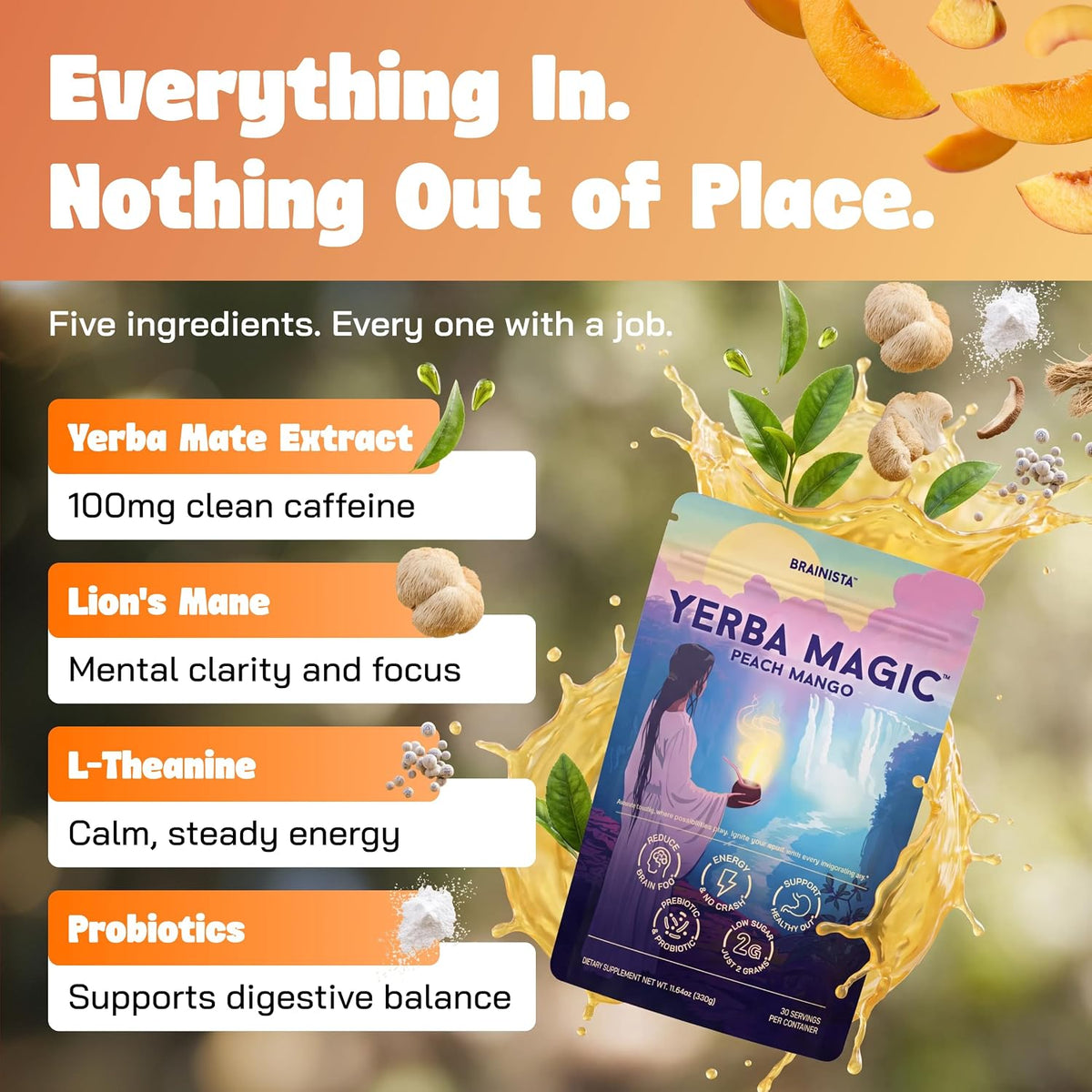 Yerba Mate Energy Drinks, Yerba Magic, Gut Health, Peach Mango, 30 Servings | 5-in-1 drink mix with yerba mate caffeine, Lion's Mane, L-Theanine,...
