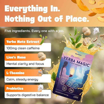 Yerba Mate Energy Drinks, Yerba Magic, Gut Health, Peach Mango, 30 Servings