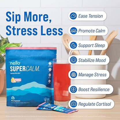 Nello Supercalm Powdered Drink Mix, Cortisol Reducer and Sleep Aid Supplement, L Theanine, Ksm-66 Ashwagandha, Magnesium Glycinate, Vitamin D 3, No Sugar, Non GMO, On The Go, 20 Ct, Raspberry Lemonade